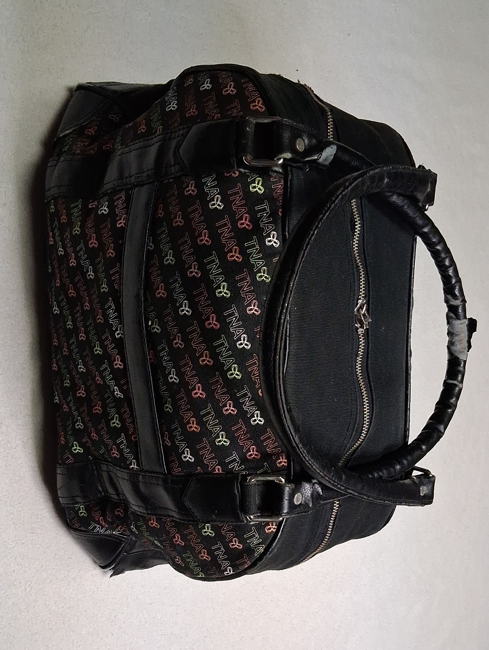 TNA Vintage Y2K Black Duffel Bag with Multicolor Logo Pattern